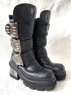 New Rock boots womens 7.5 black leather platform chunky block heel buckles moto
